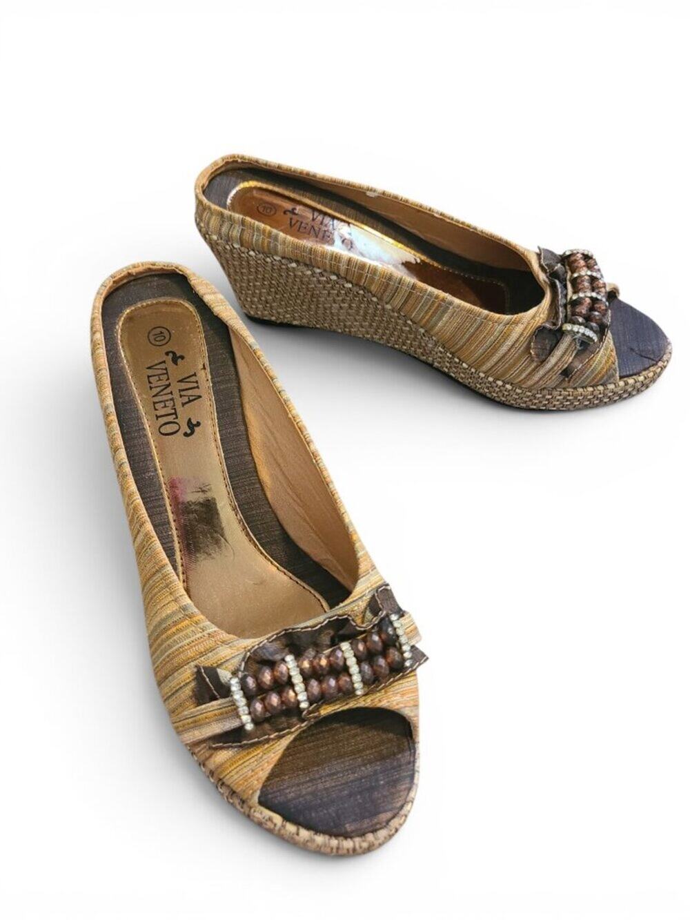 Y2K Via Veneto Wedge Slip On Open Toe Woven Platform Heels Women's Size 10